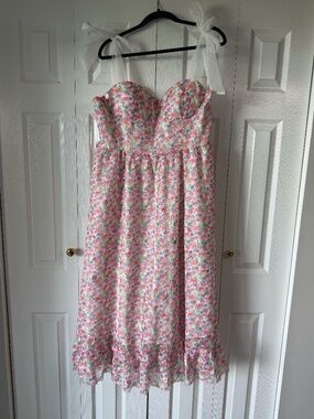One Loved Babe Floral Embroidered Midi Dress 1X NWT Sheer Ribbon Strap Sparkle